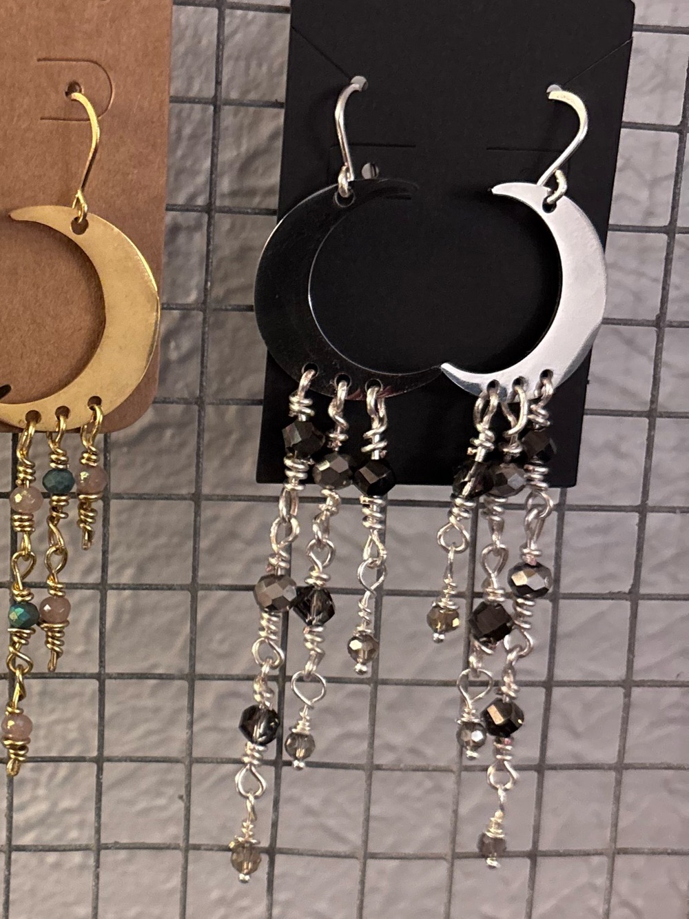 Silver Crescent Moon Dangle Earrings with crystal Bead Tassels